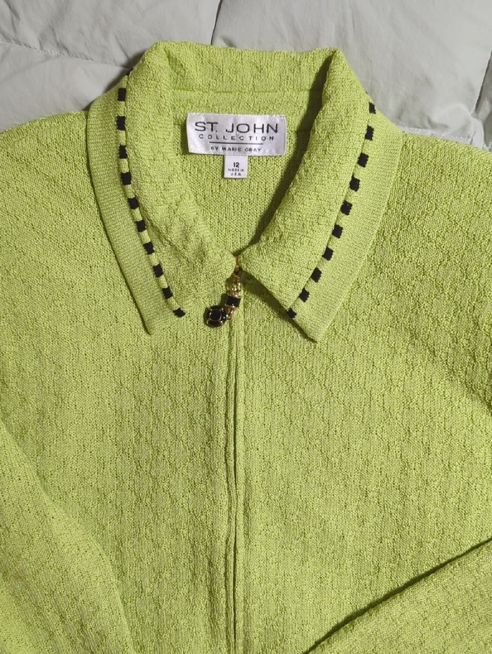 St John Collection by Marie Gray Lime Green Zip Sweater with Black Accent